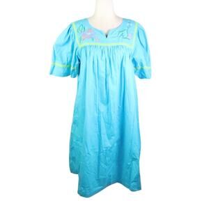 Vintage Simply Basic Sleepwear Turquoise Blue Muumuu Nightgown Dress S